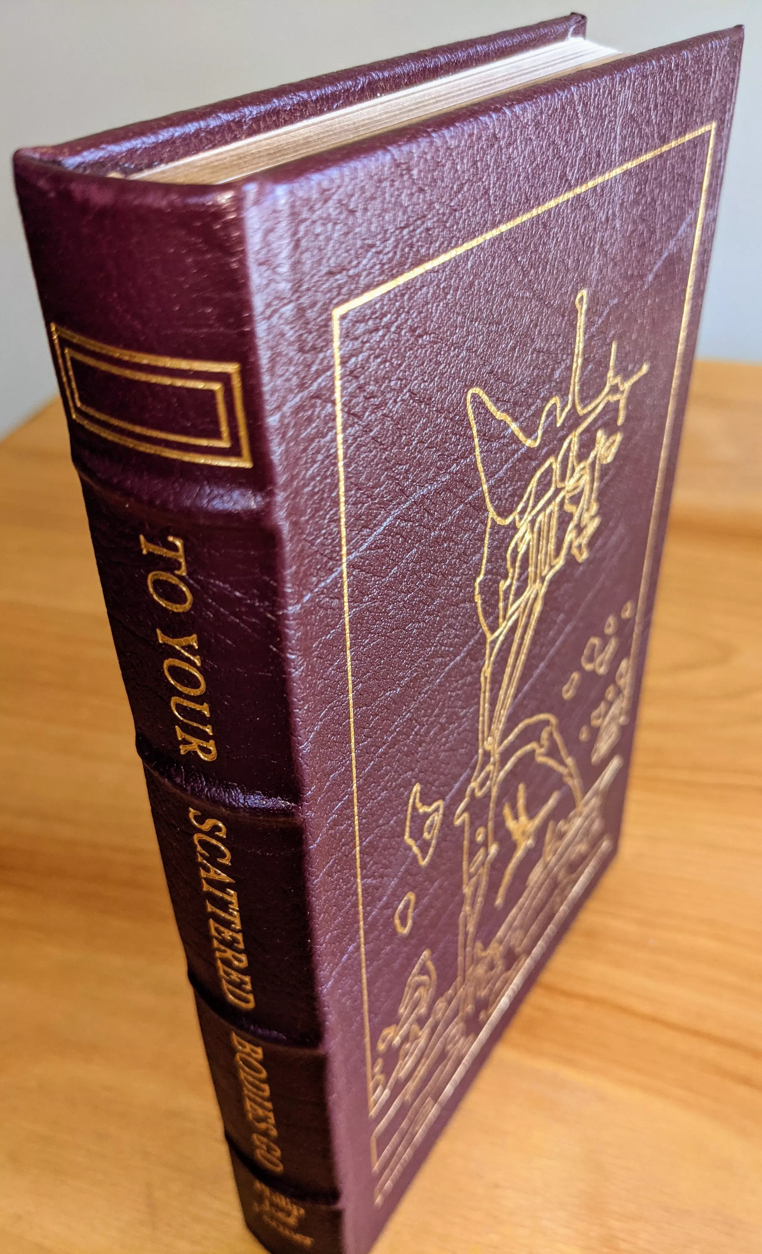 Stunning Red Leather Bound hardback book with hubbed spine, cover artwork in 22kt gold, printed on archival paper with gold gilded edges, smyth sewing & concealed muslin joints
	  - original artwork by Richard Powers